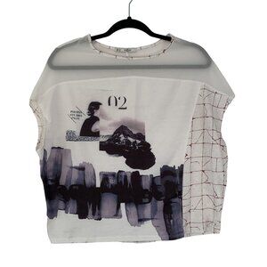 Griffin Paris Abstract Graphic Print Top Semi Sheer Size S White Relaxed Fit